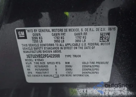 2015 GMC Sierra 1500 Slt из США, поврежденный, VIN 3GTU2VEC2FG422688